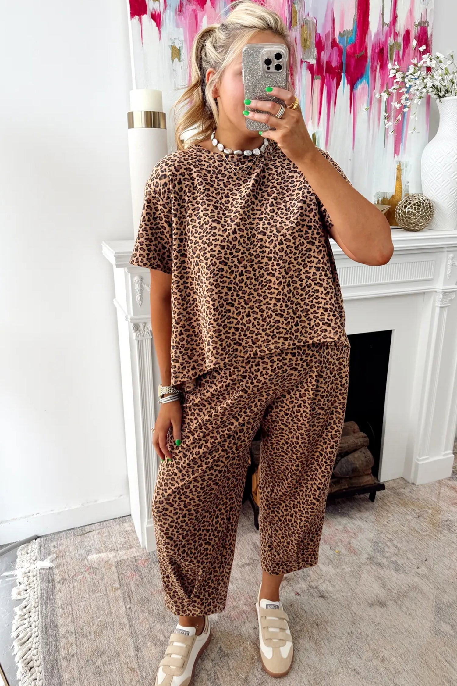 Leopard Loose Tee Drawstring Waist Barrel Trousers and Top Co-ord Set - eAura