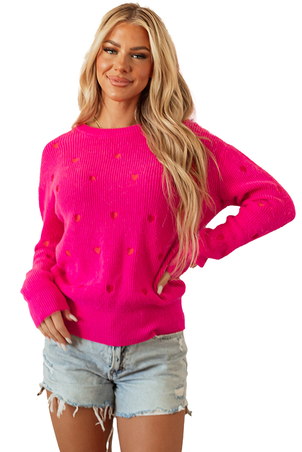 Rose Red Heart Shape Drop Shoulder Round Neck Sweater eAura