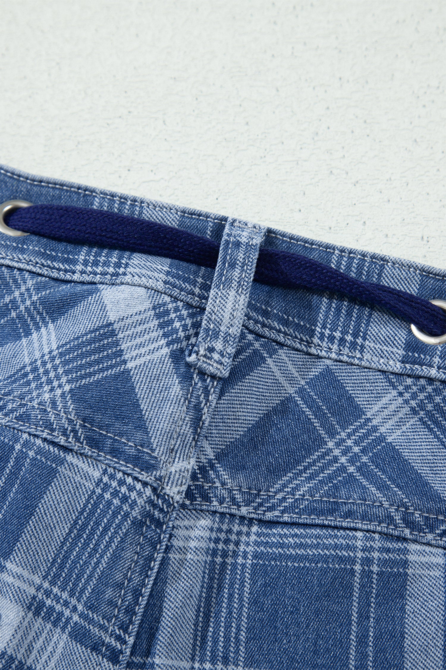 Sky Blue Plaid Denim Grommet Drawstring Waist Ankle-Length Jeans – Light Blue