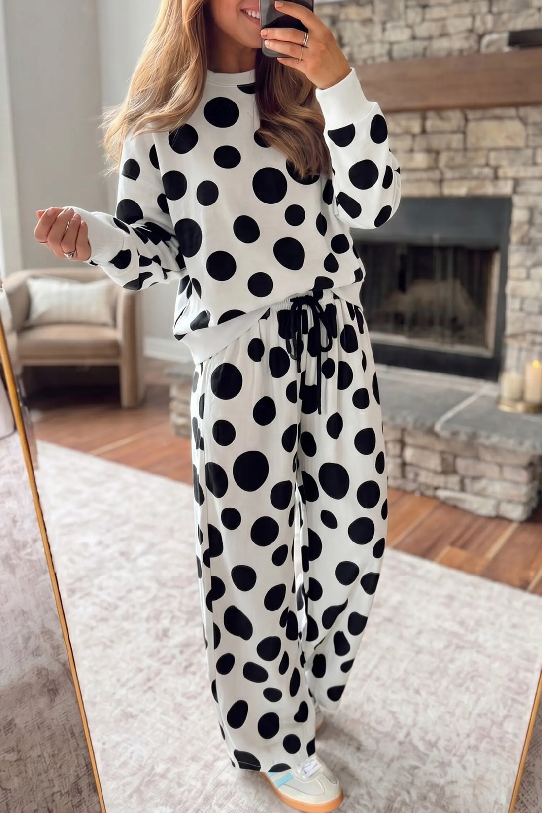 Polka Dot Long Sleeve Top & Drawstring Relaxed Pants Set