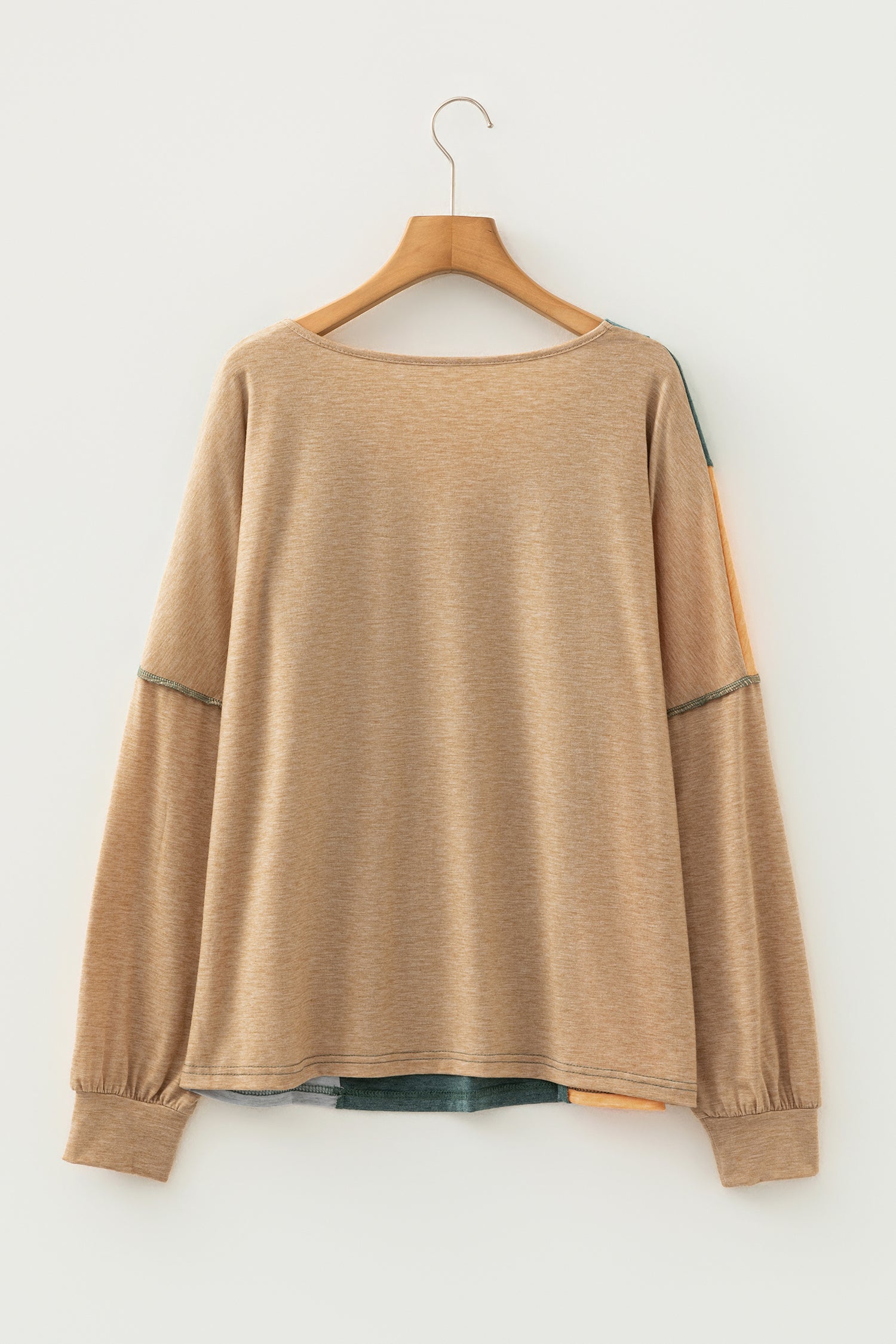 Exposed Stitching Colour-block V-Neck Long Sleeve Top