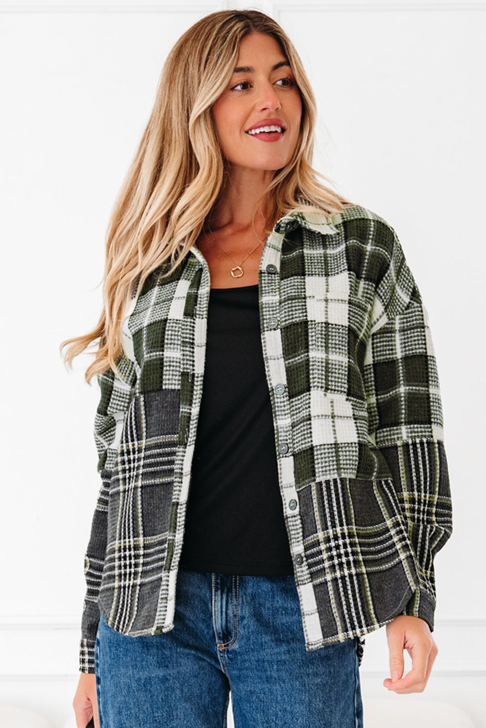 Plaid Print Textured Buttoned Shacket - eAura