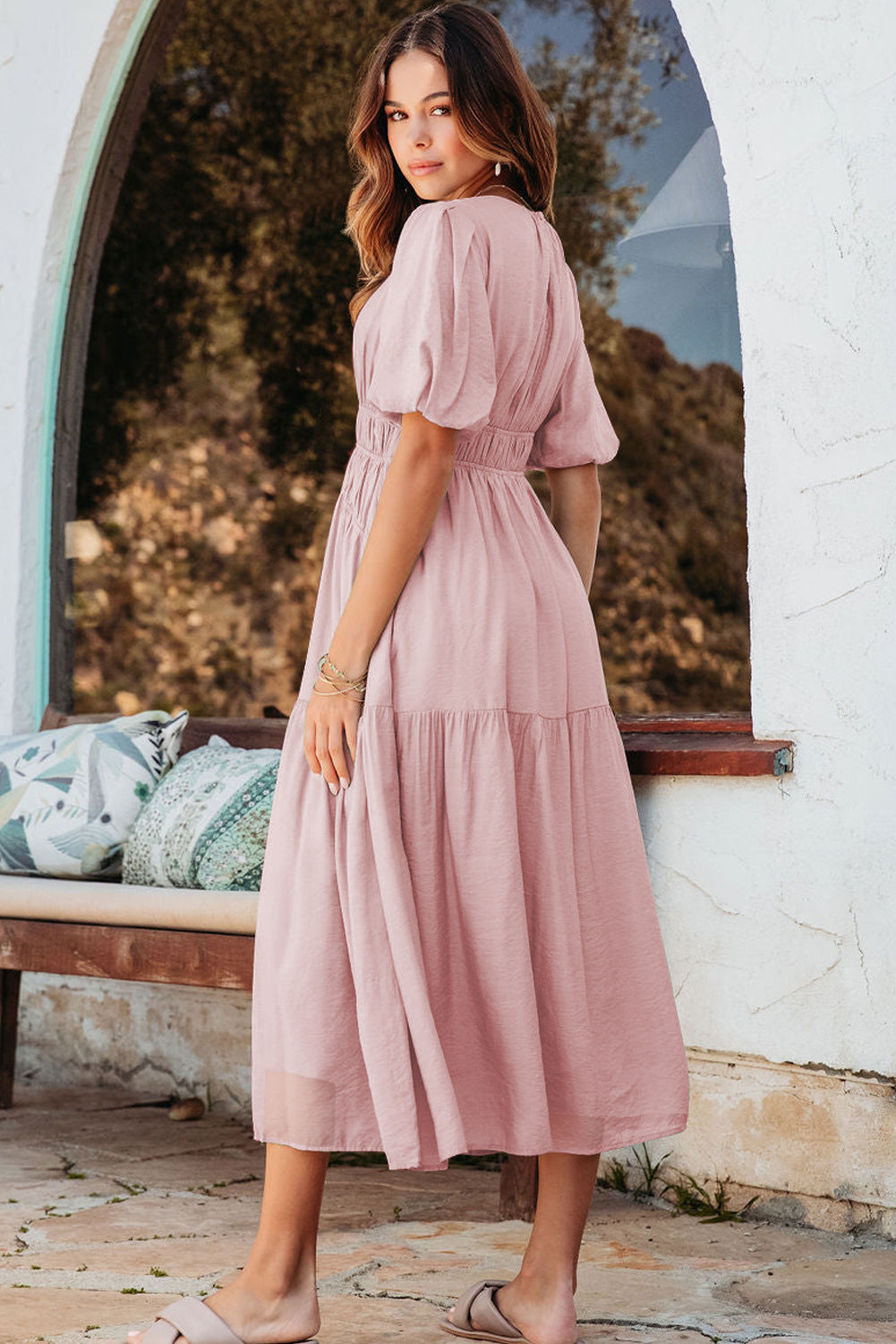 Pink Puff Sleeve Pleated High Waist Flowy Long Dress eAura