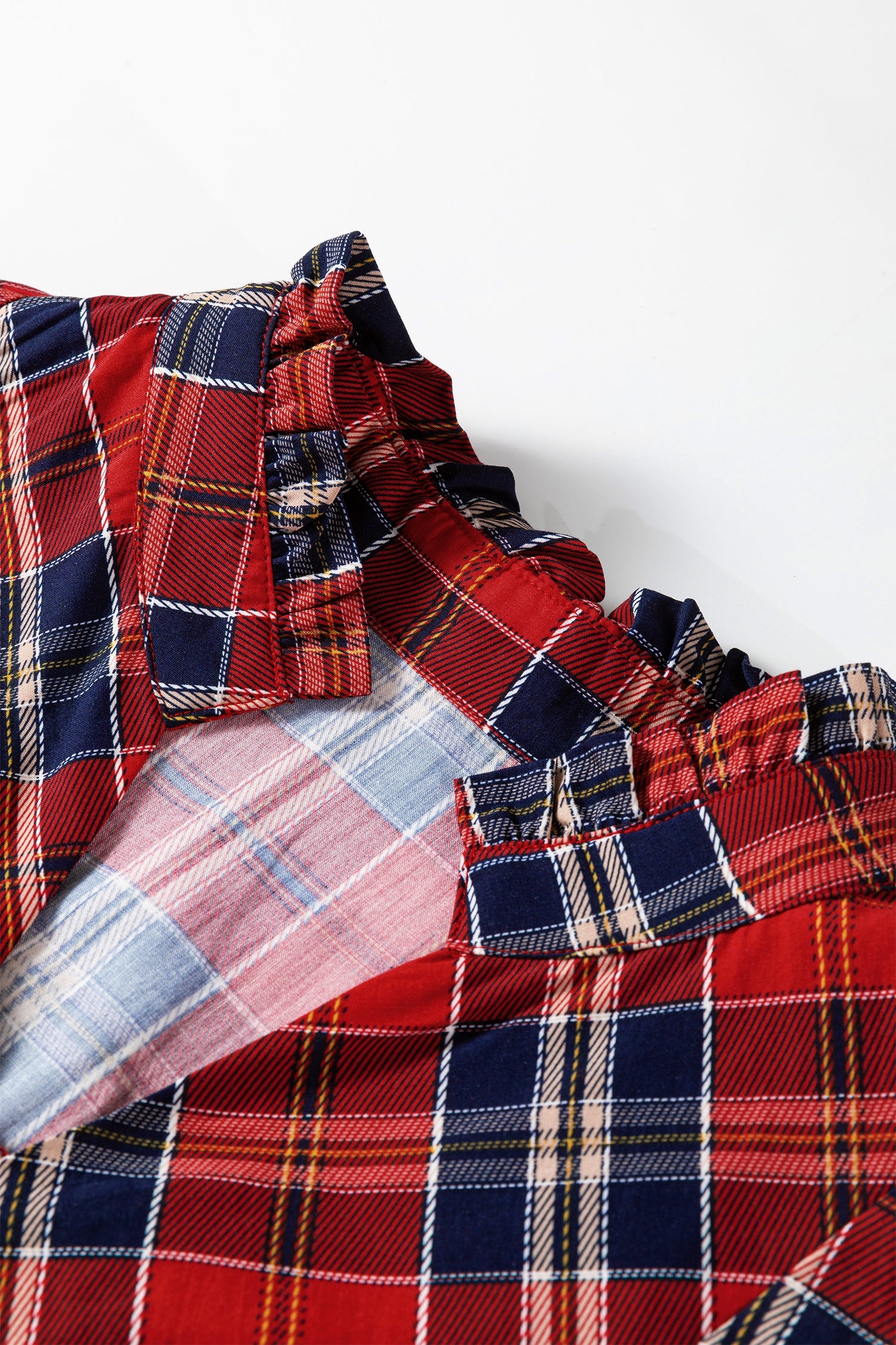 Plaid Print Frilly Collar Long Sleeve Shift Mini Dress - Dresses/Mini Dresses