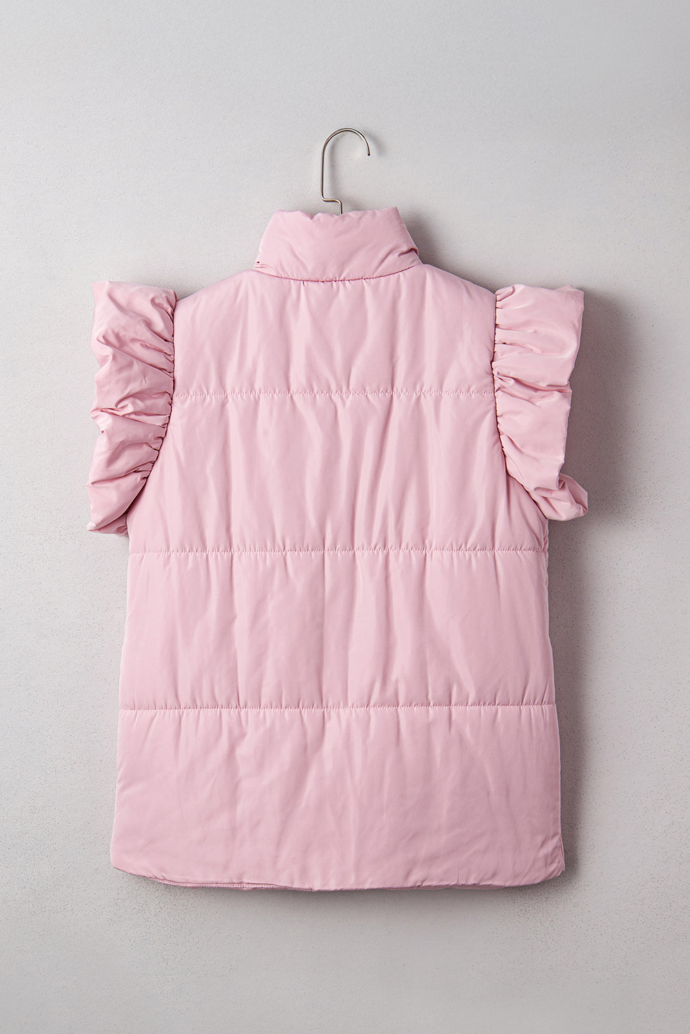 Pink Stand Neck Flutter Cap Sleeve Snap Button Puffer Vest - eAura