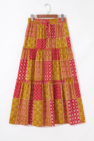 Tiered Paisley Print Pocketed Maxi Skirt