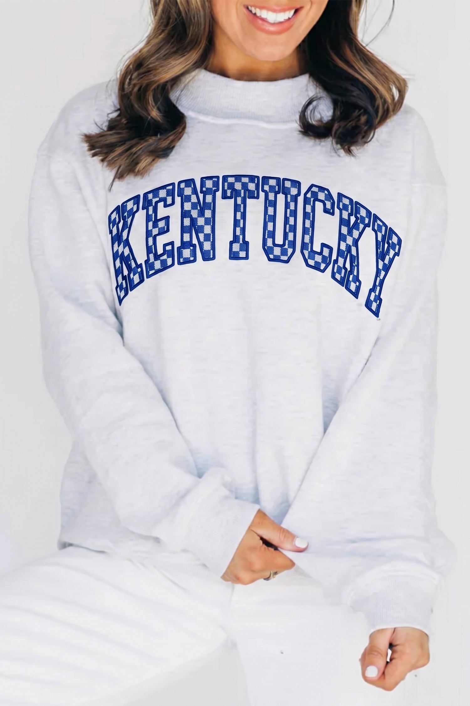 High Neck Embroidered Checkered Letter Game Day Sweatshirt – Light Grey