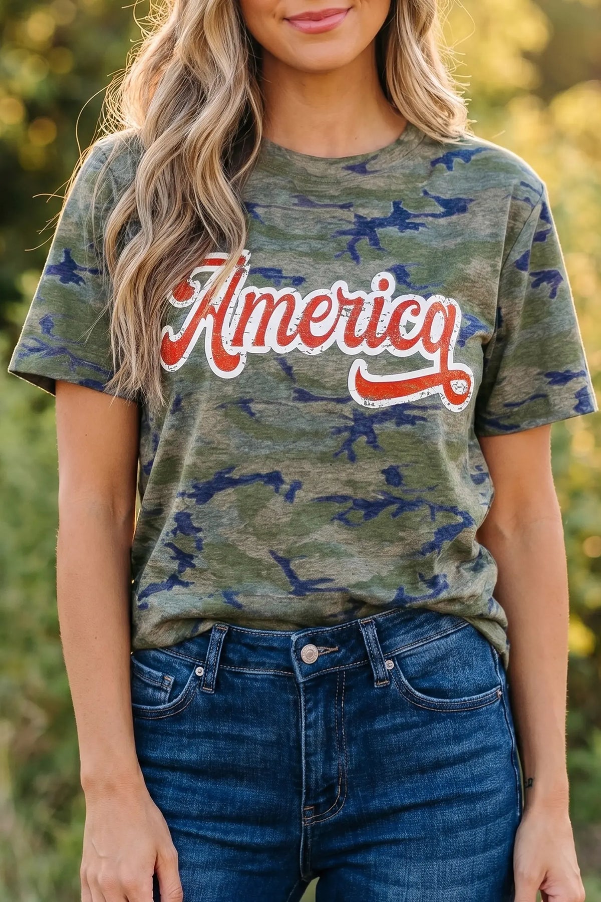 Stylish Camouflage Print America Patriotic Tee – Multicolour
