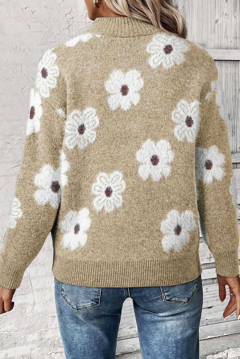 Green Floral Pattern Half Zip Drop Shoulder Sweater eAura