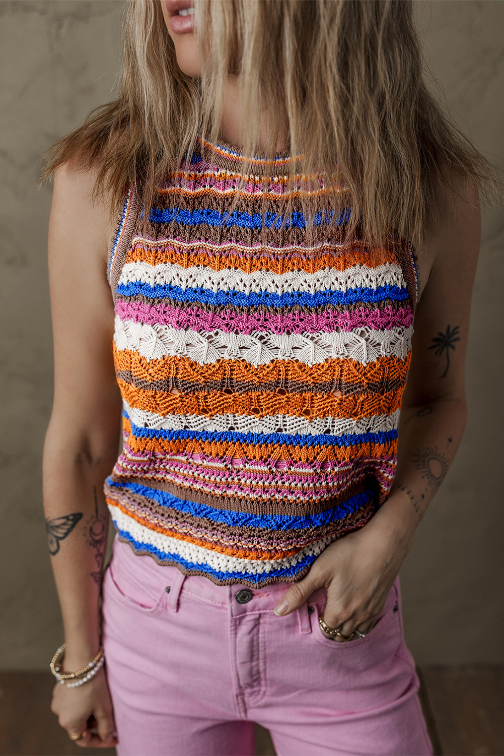 Dark Blue Striped Textured Knit Crew Neck Sweater Vest eAura