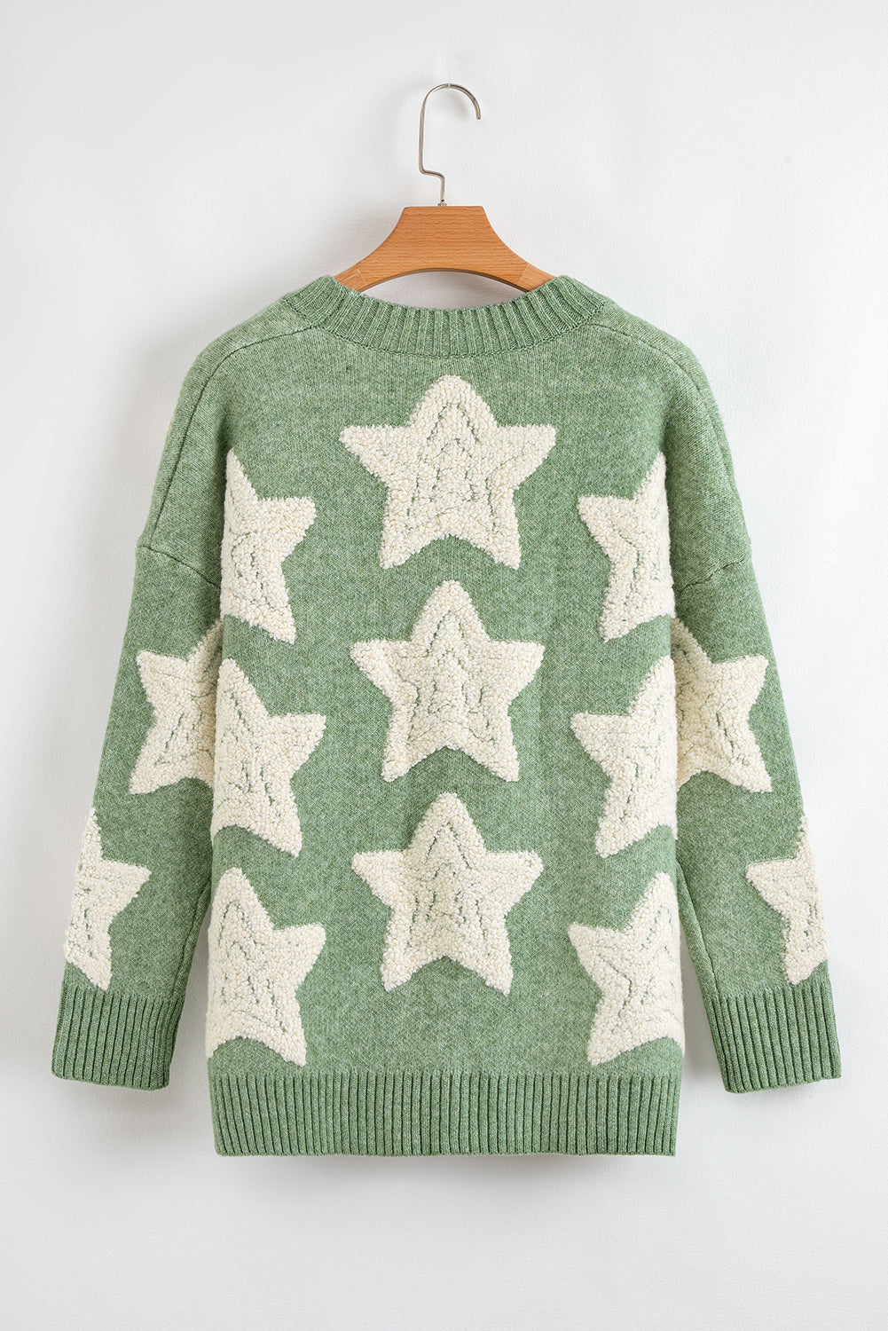 Green Sherpa Star Pattern Textured Sweater Cardigan with Pockets eAura