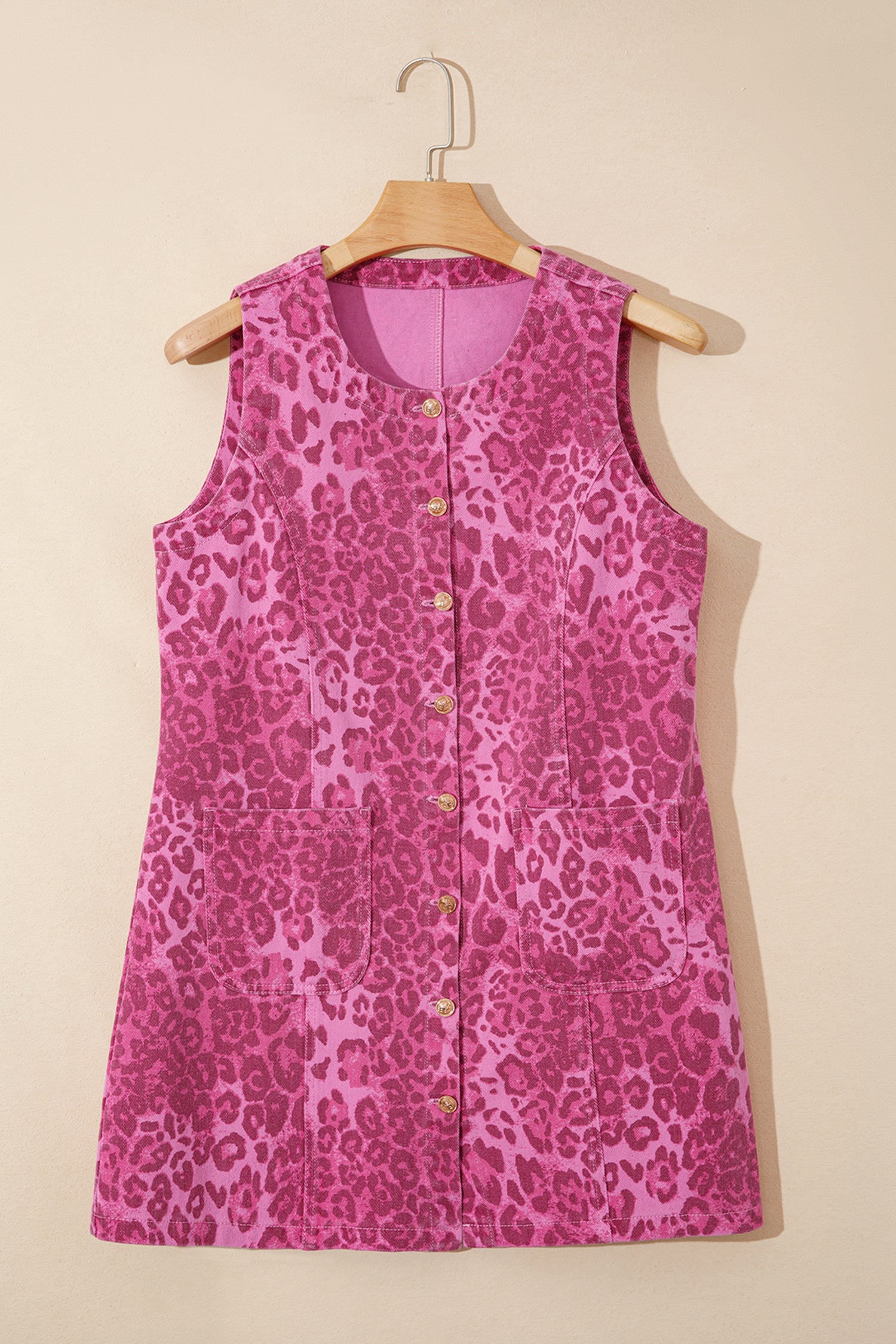 Leopard Print Denim Buttoned Shift Sleeveless Mini Dress