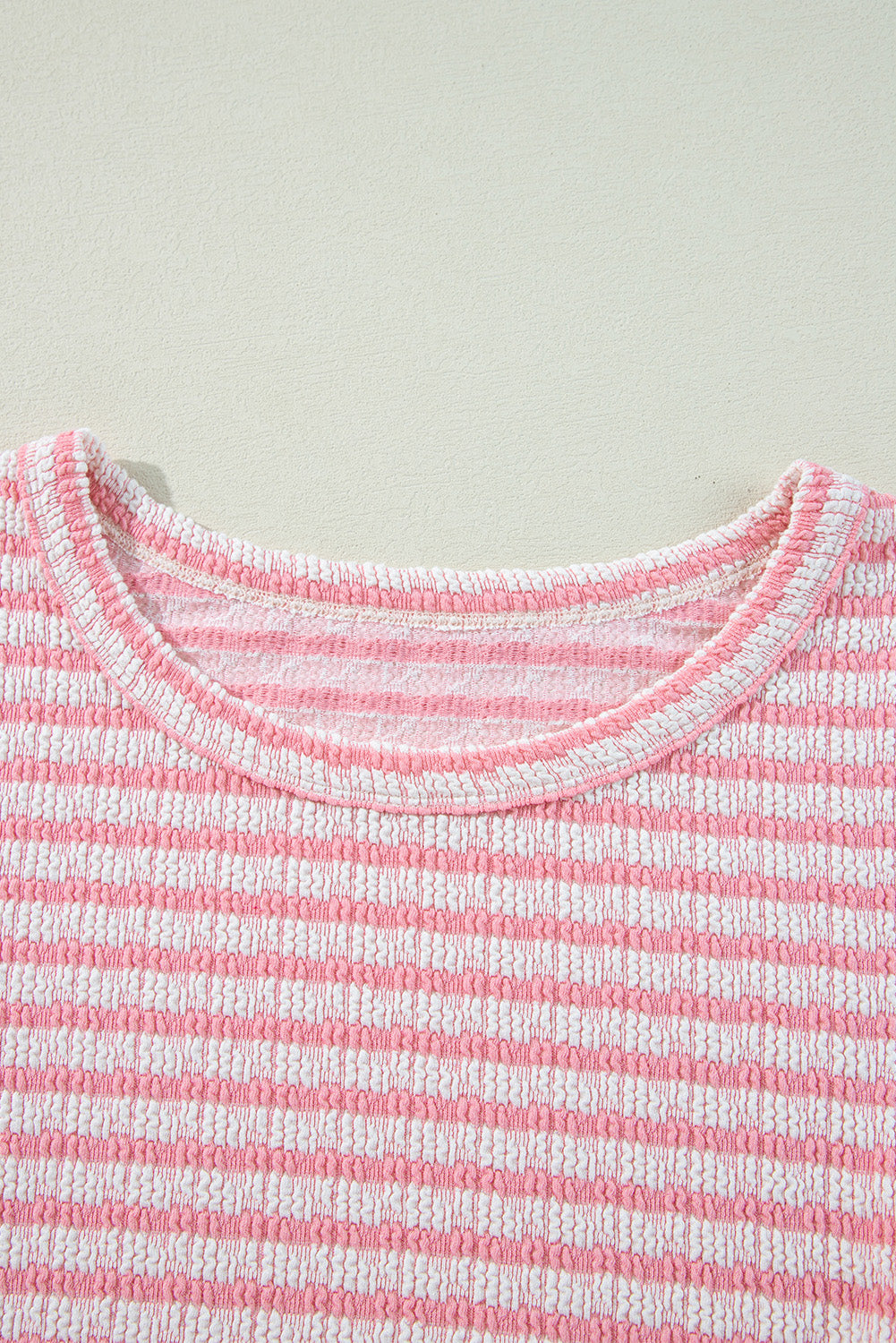 Pink Stripe Textured Puff Sleeve Crewneck Top eAura