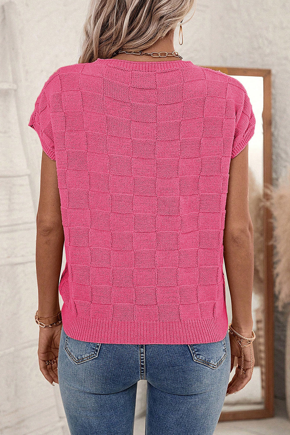 Smoke Grey Lattice Textured Knit Short Sleeve Sweater eAura