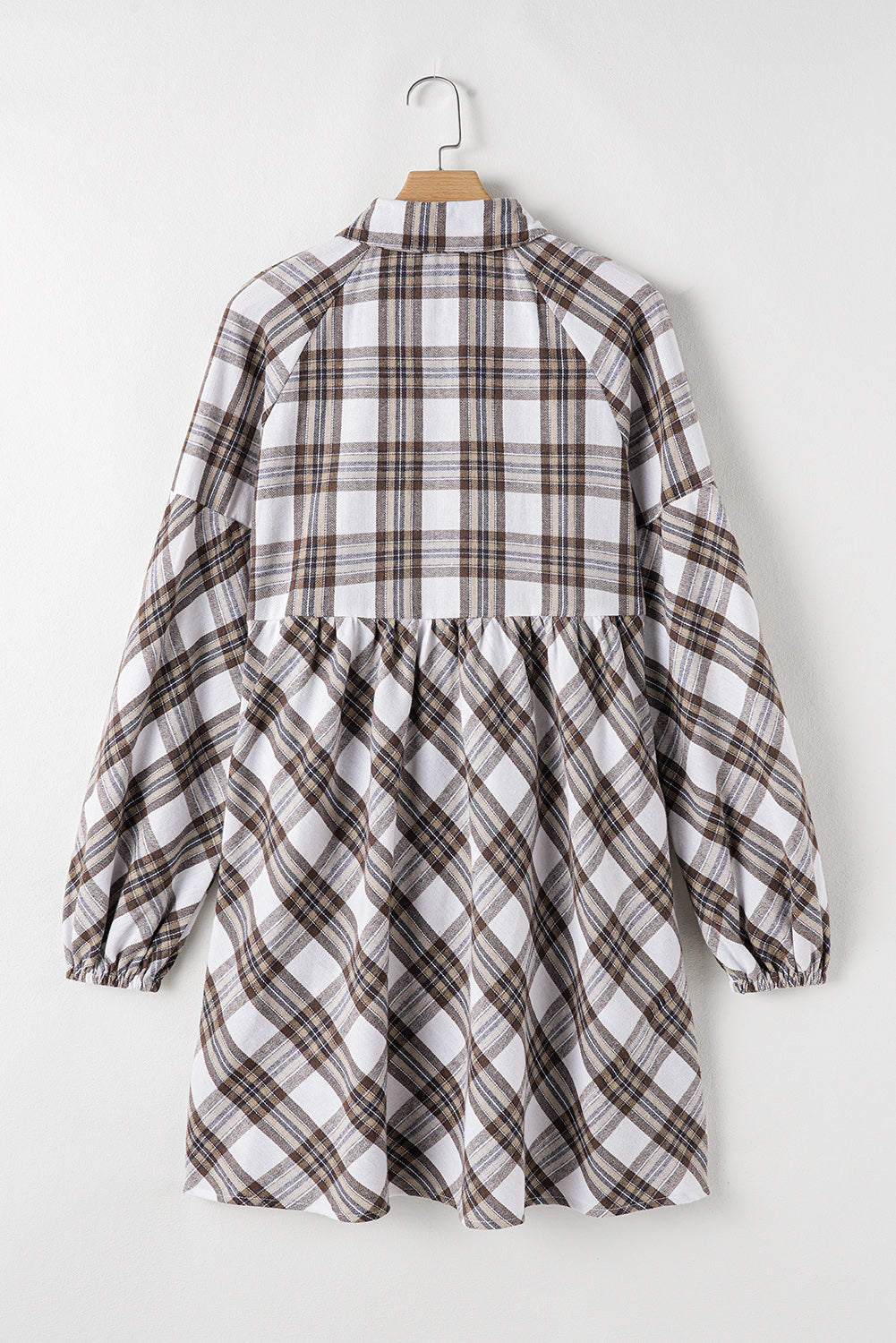 White Plaid Bubble Sleeve Flowy Shirt Dress eAura