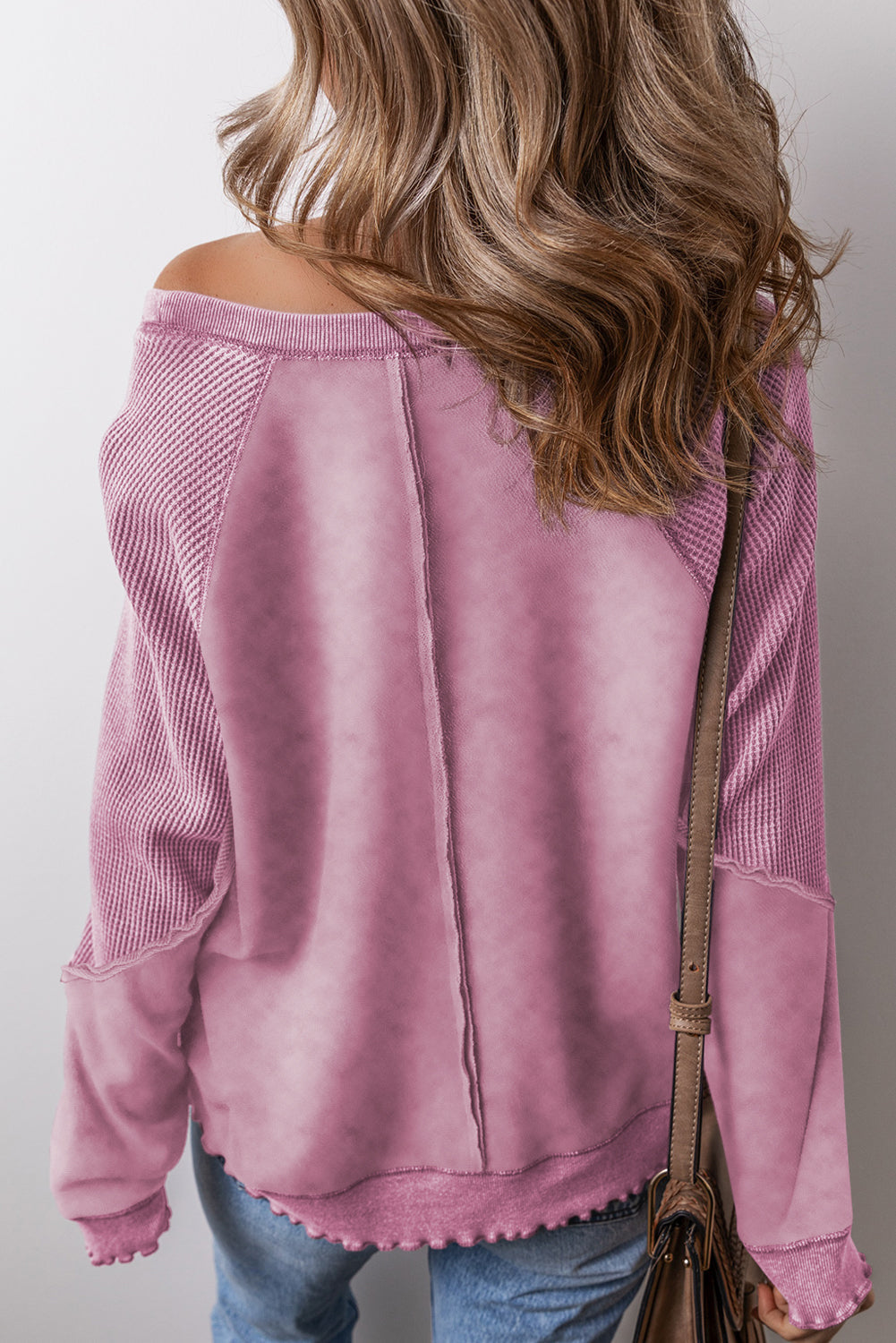 Black Solid Waffle Knit Patchwork Raglan Sleeve Sweatshirt Dear-Lover Dropshipping