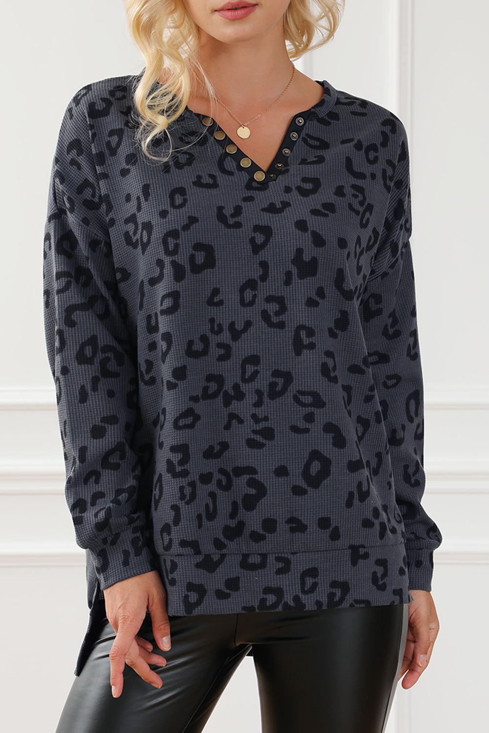 Grey Leopard Print Button Split Neck Waffle Sweatshirt eAura