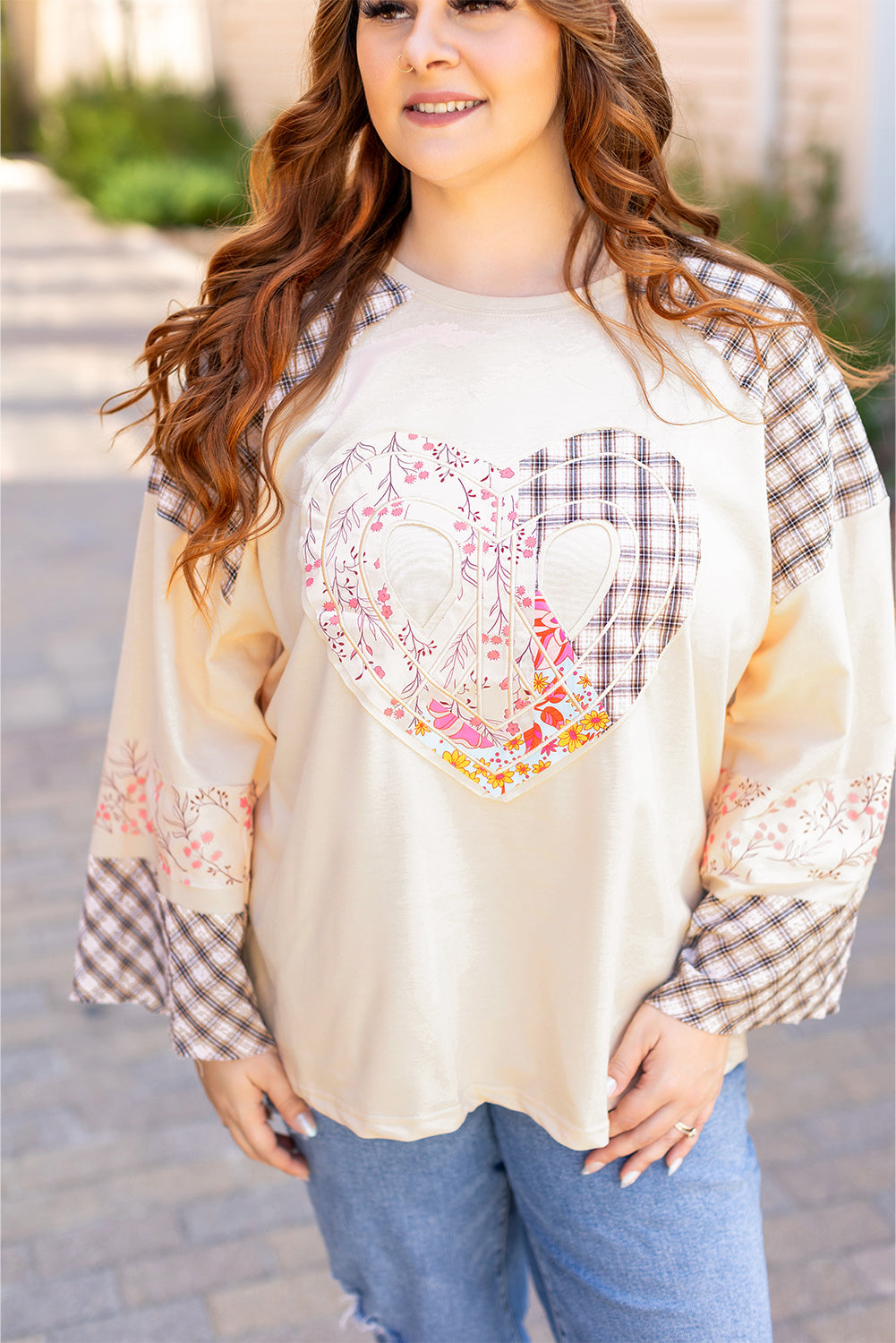 Clearly Aqua Plaid Floral Peace Heart Graphic Wide Long Sleeve Top Beagle Boutique Fashion Outlet