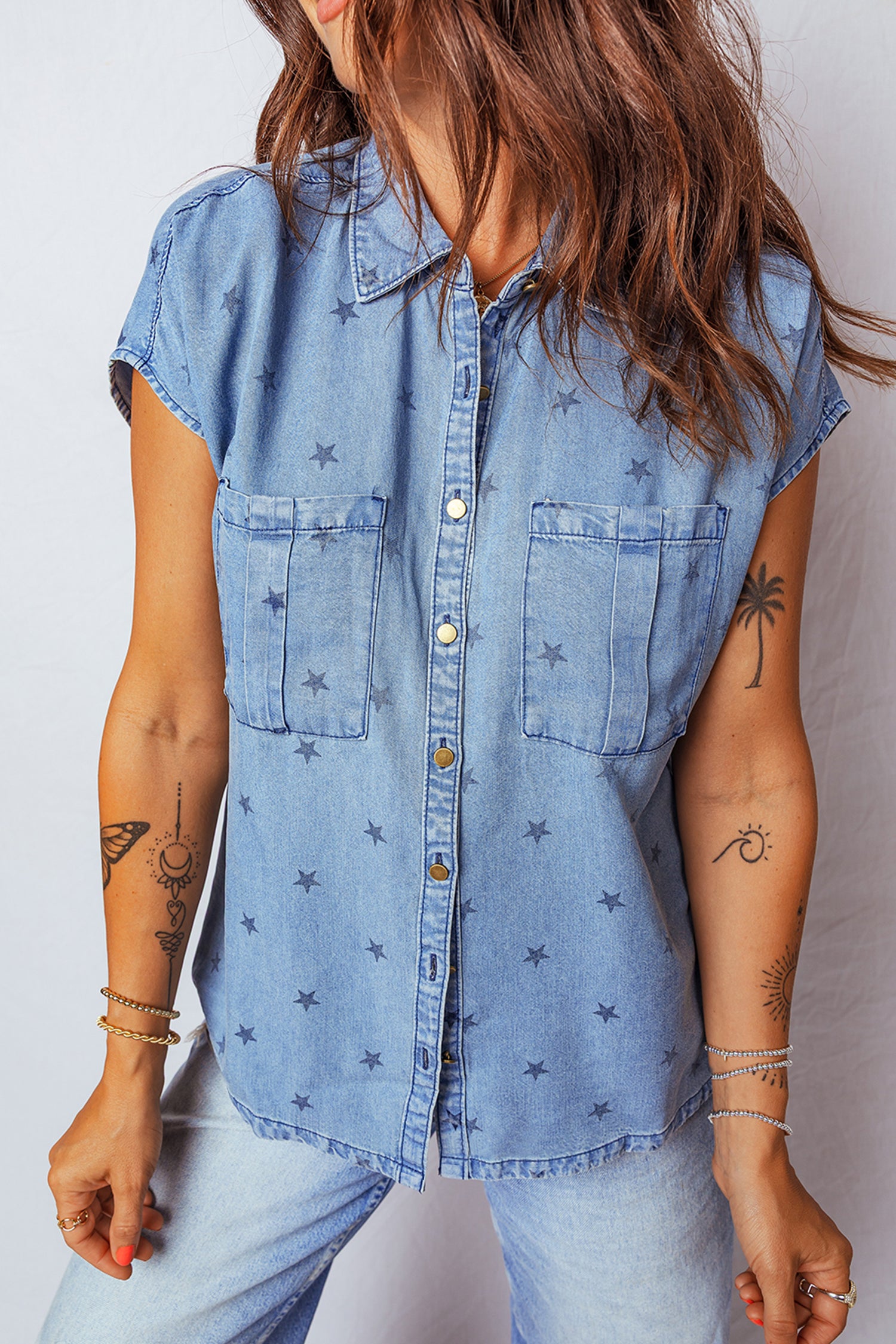 Star Print Double Chest Pocket Short Sleeve Denim Shirt - Tops/Blouses & Shirts