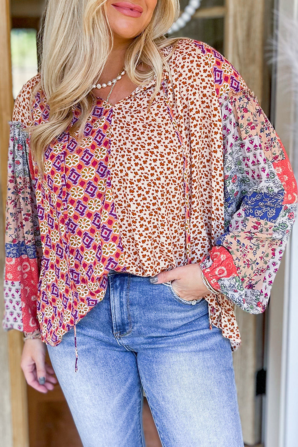 Orange Mixed Floral Printed Long Sleeve Tied V Neck Blouse eAura
