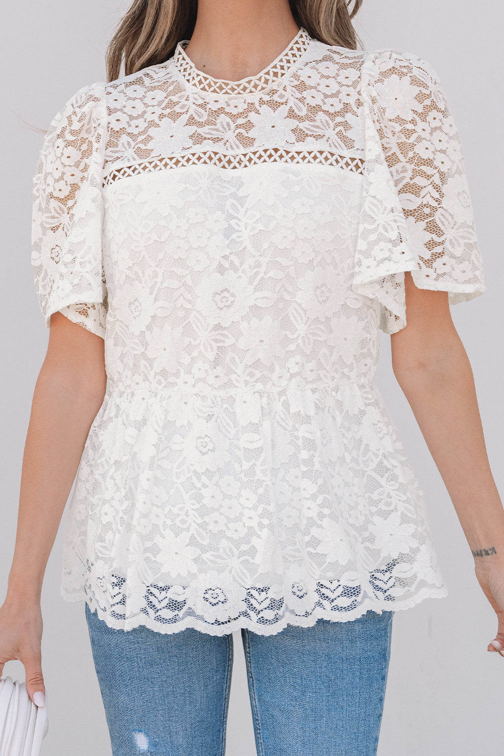White Short Sleeve Scalloped Floral Lace Peplum Blouse eAura