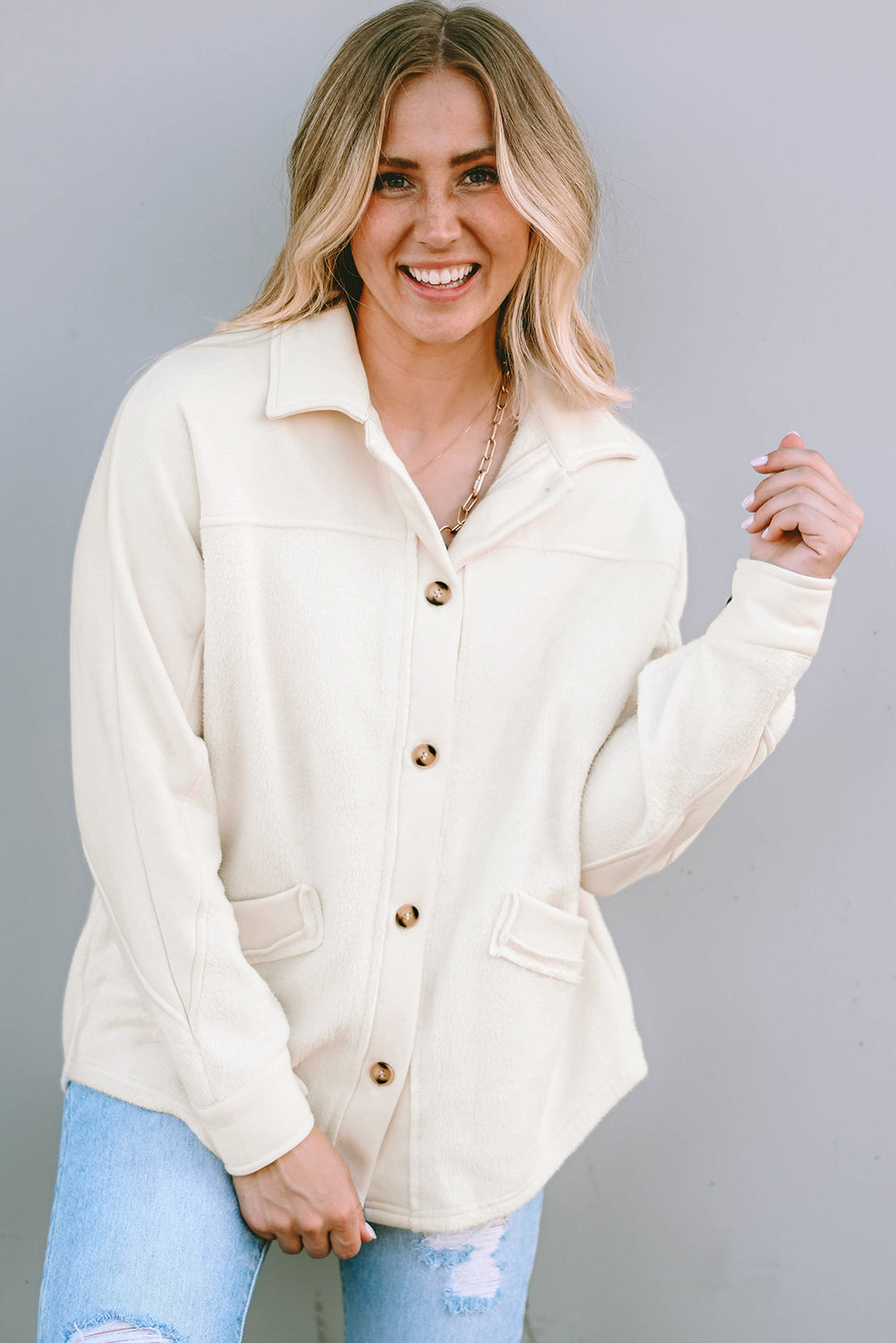 Beige Button-Up Stitching Pocket Raw Hem Shacket eAura
