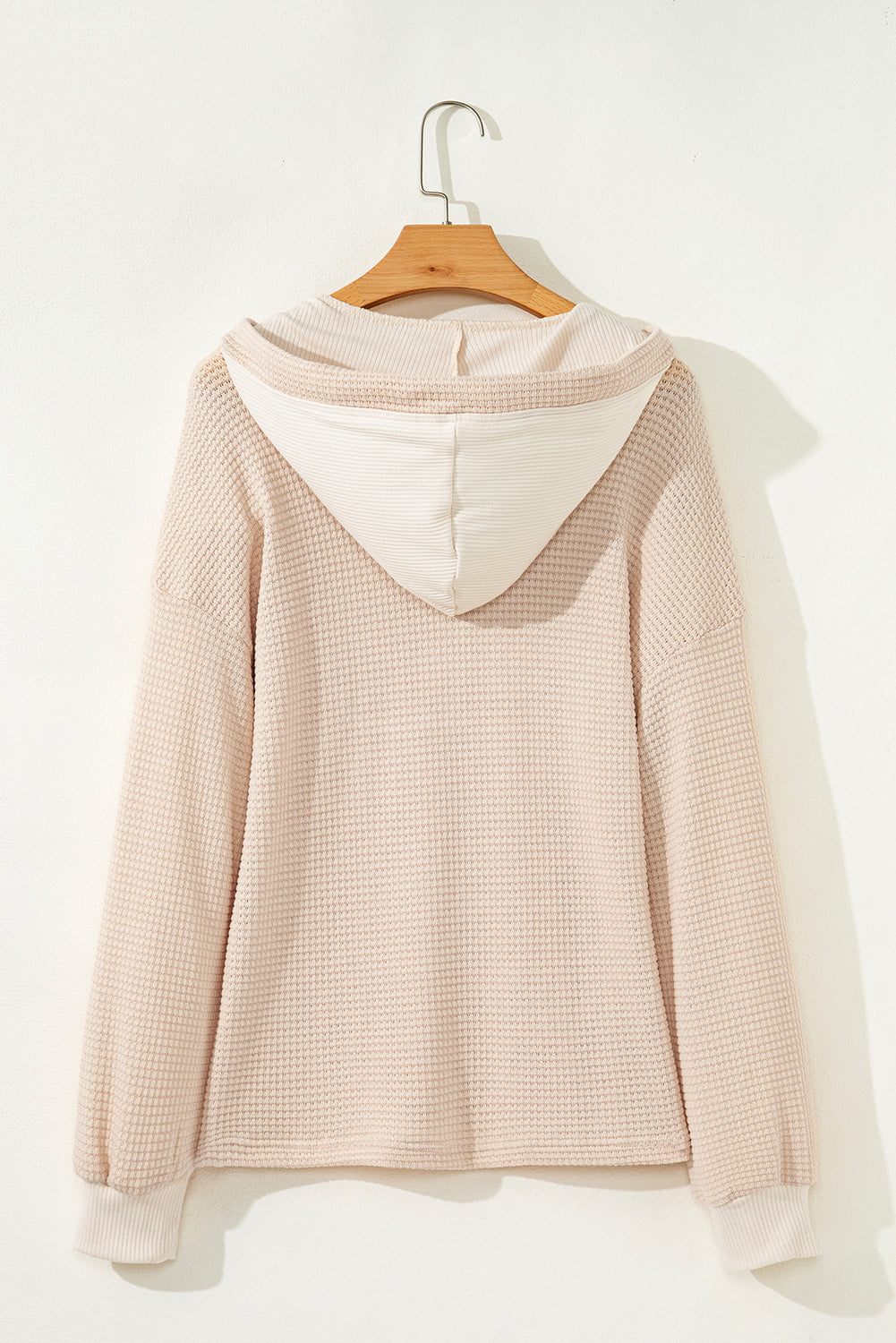 Waffle Patchwork Drop Shoulder Hooded Long Sleeve Top - eAura