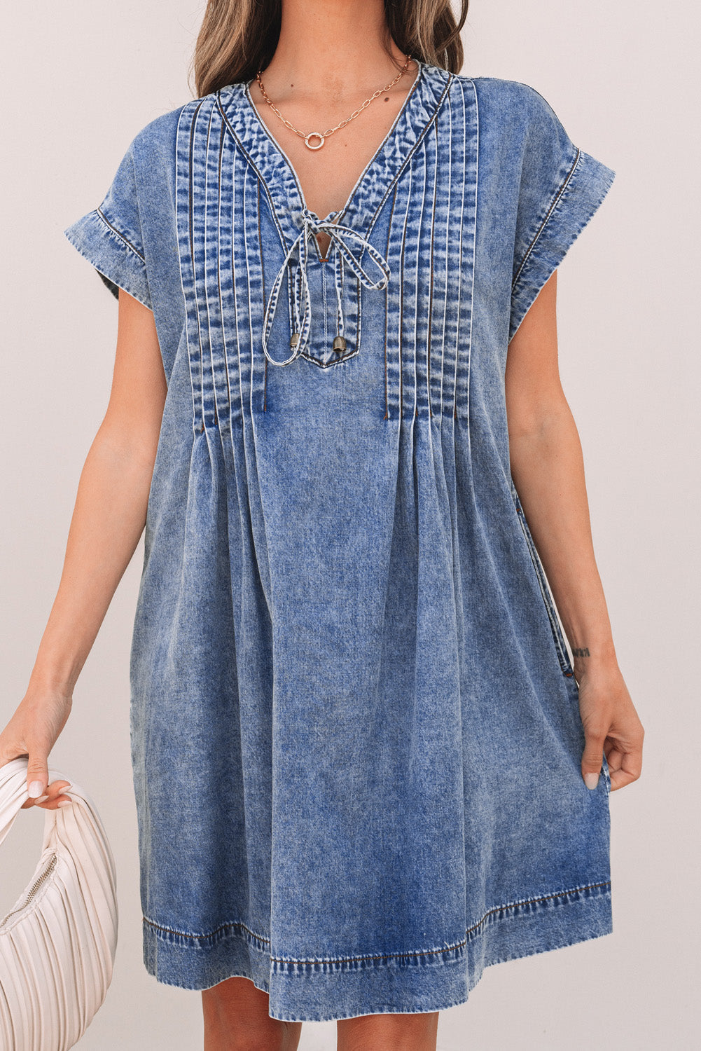 Beau Blue Tie V-Neck Tucking Detail Short Sleeve Denim Shift Dress - eAura