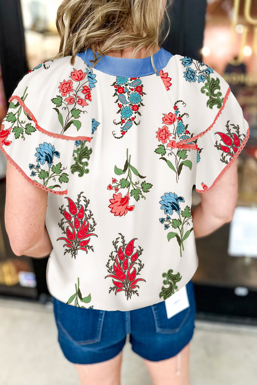 White Floral Print Contrast V Neck Tassel Tie Lace Detail Short Sleeve Blouse eAura