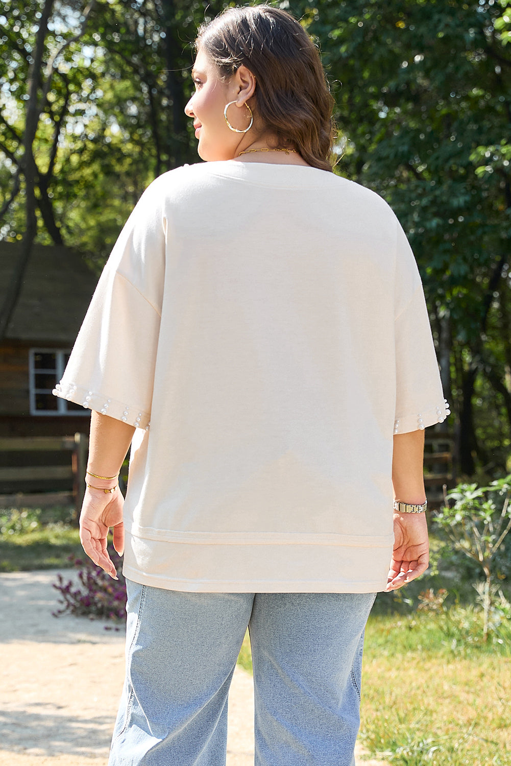 Beige Pearl Decor Crew Neck Half Sleeve Plus Size T Shirt BB Fashion Outlet