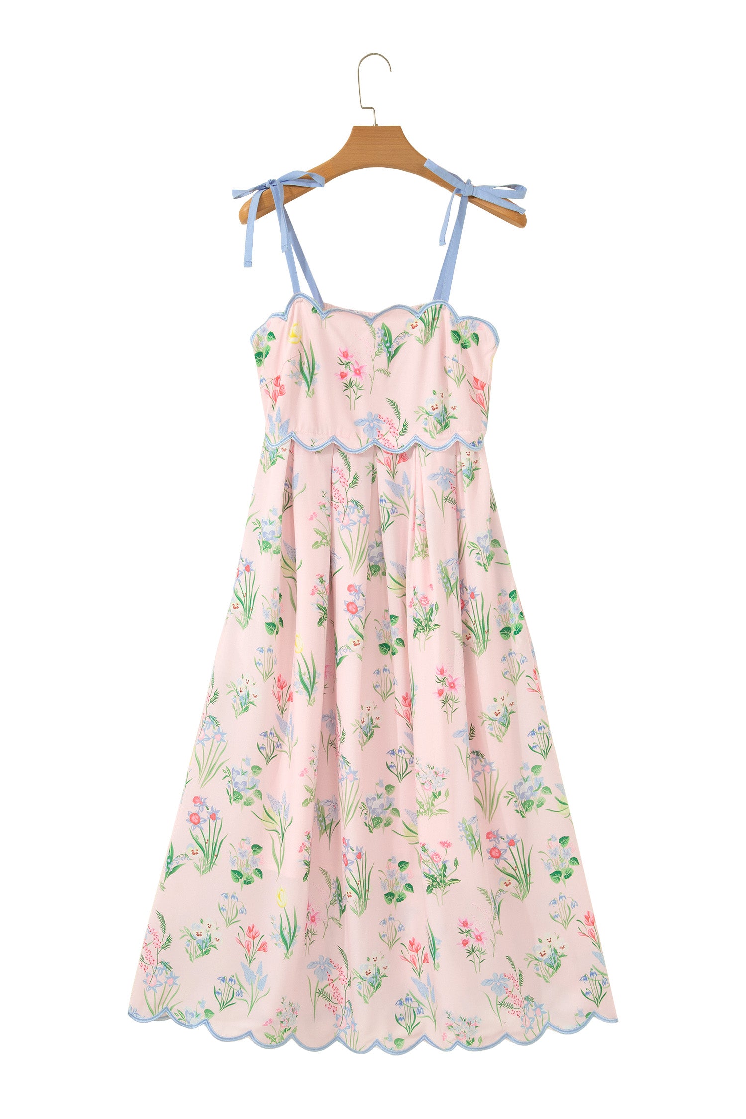 Floral Print Contrast Trim Self-Tie Straps Midi Dress