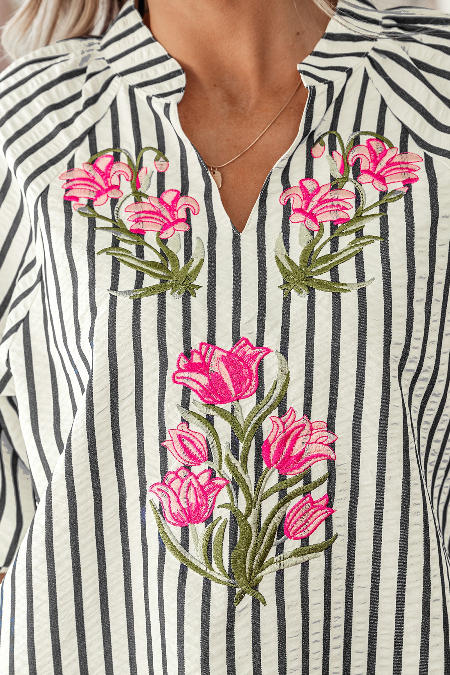 Stripe Floral Embroidered Detail V-Neck Short Sleeve Blouse
