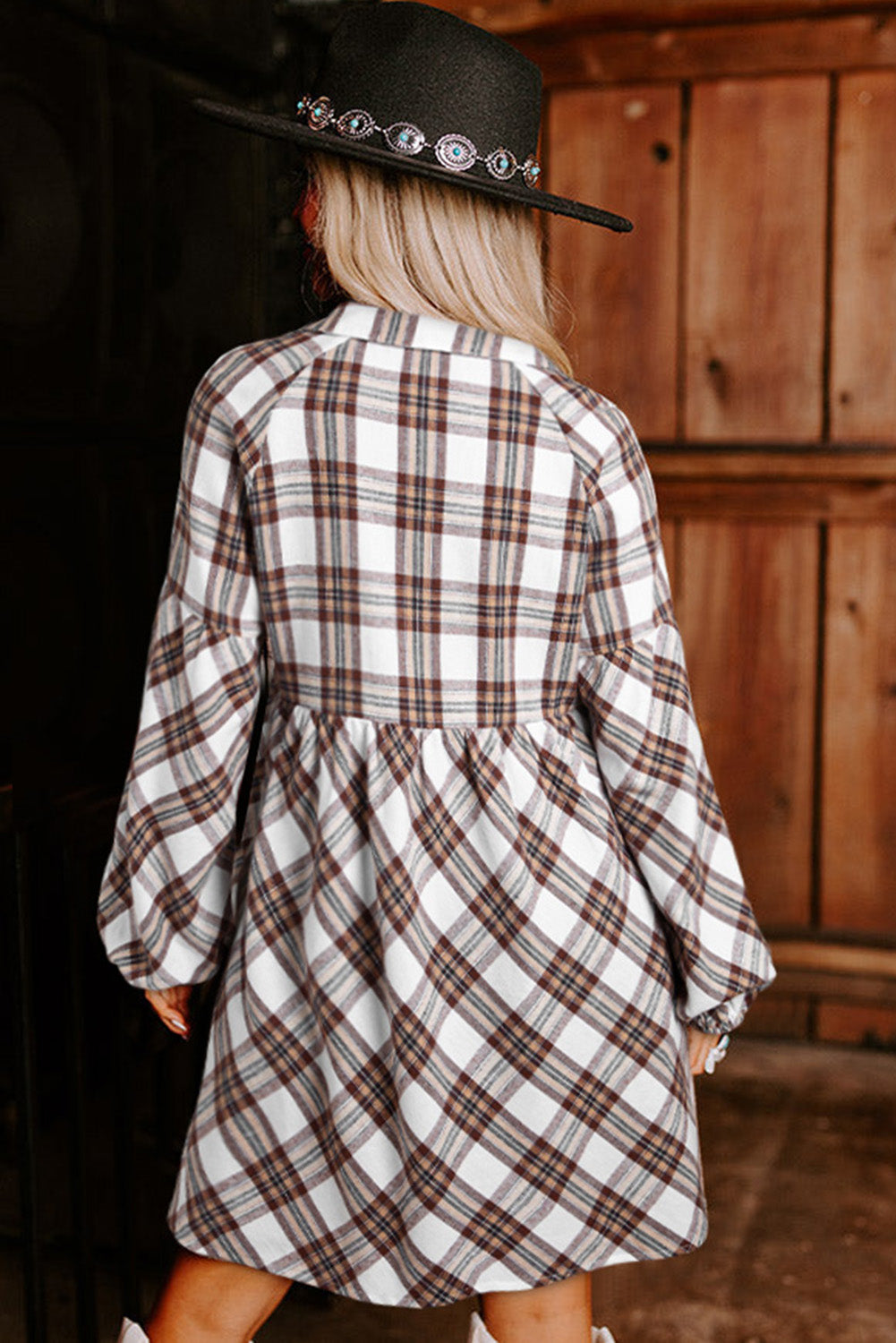 White Plaid Bubble Sleeve Flowy Shirt Dress eAura