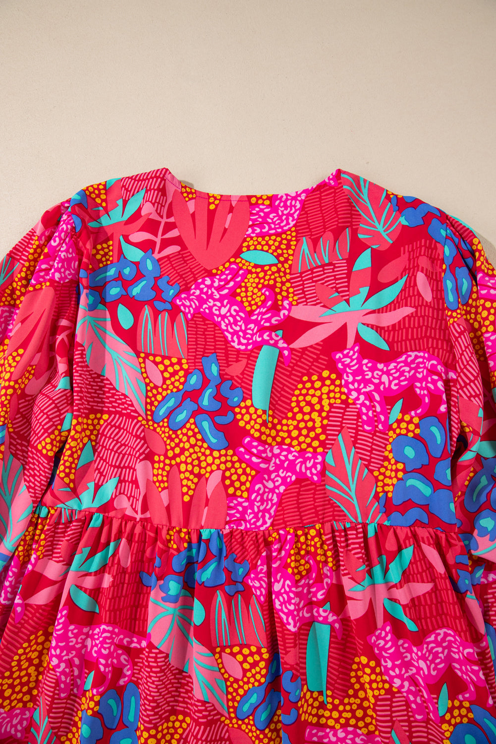 Rose Tropical Printed Lantern Sleeve V Neck Ruffled Plus Size Mini Dress Beagle Boutique Fashion Outlet
