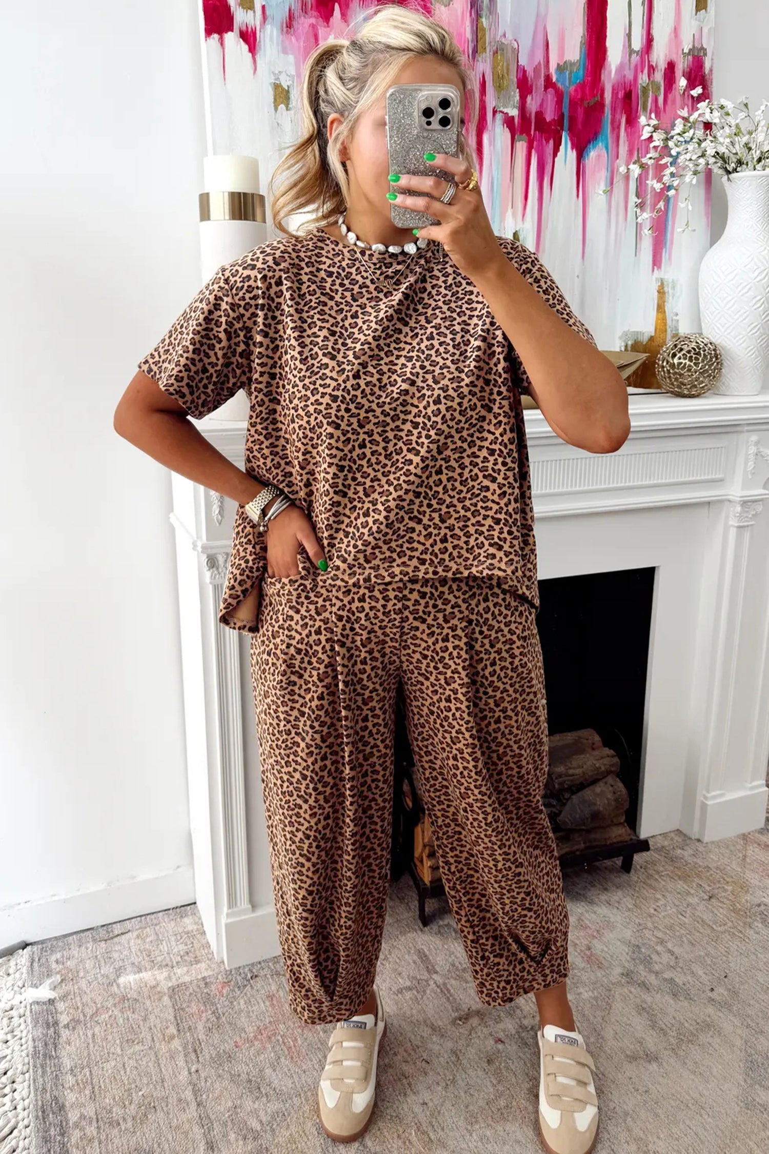 Leopard Print High-Low Tee & Wide Leg Pants Set – Brown