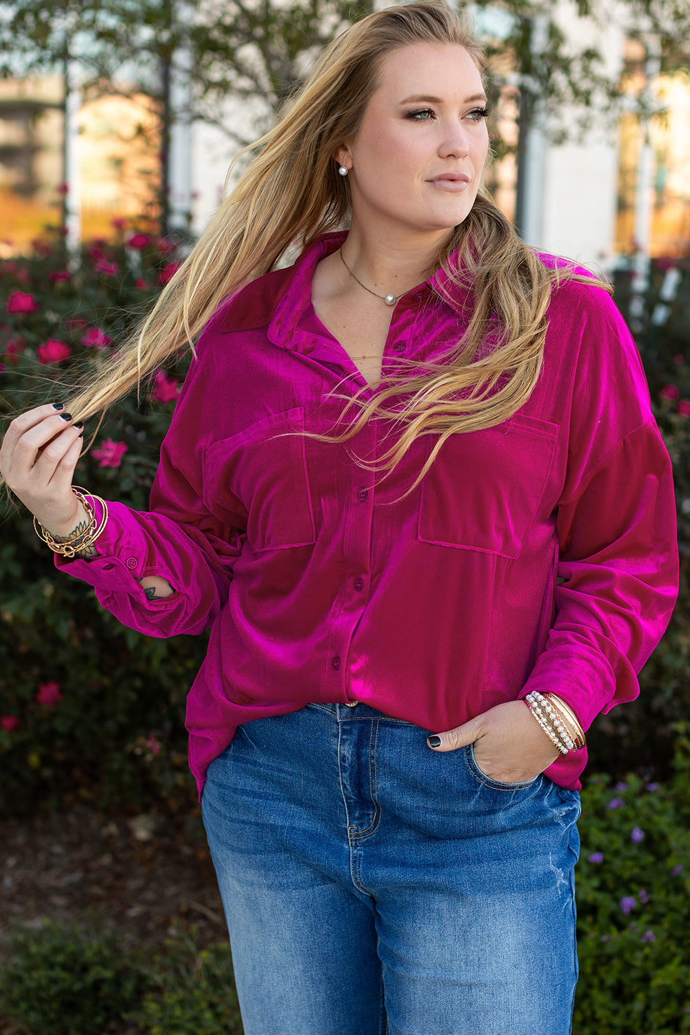 Bright Pink Plus Size Velvet Chest Pocket Drop Shoulder Shirt Beagle Boutique Fashion Outlet