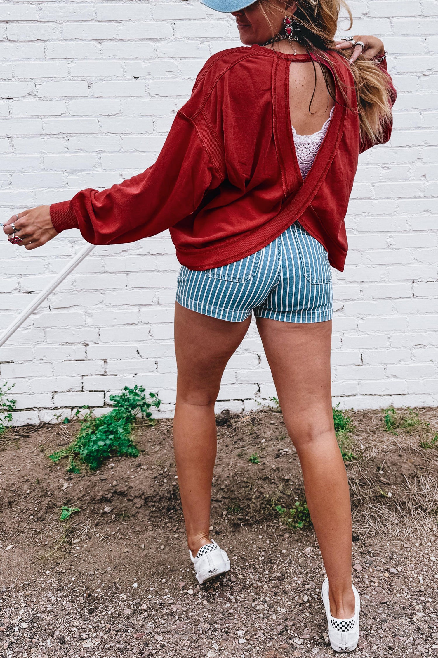 Ribbed Detail Drop Shoulder Cutout Back Sweatshirt – Racing Red