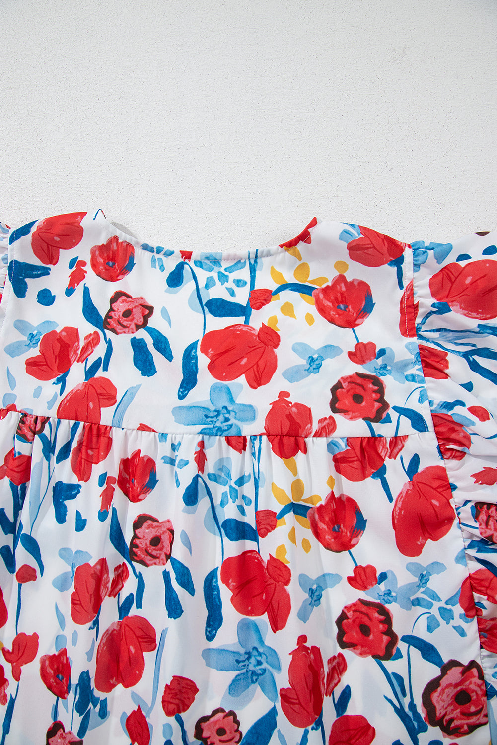 Red Flowers Pintuck Detail V-Neck Ruffled Sleeve Top eAura