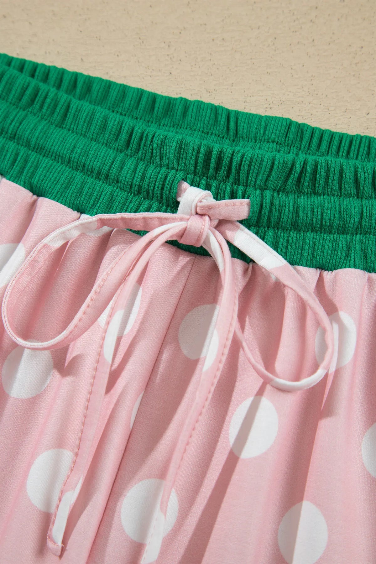 Polka Dot Contrast Trim Long Sleeve Top Drawstring Shift Pants Set – Pink