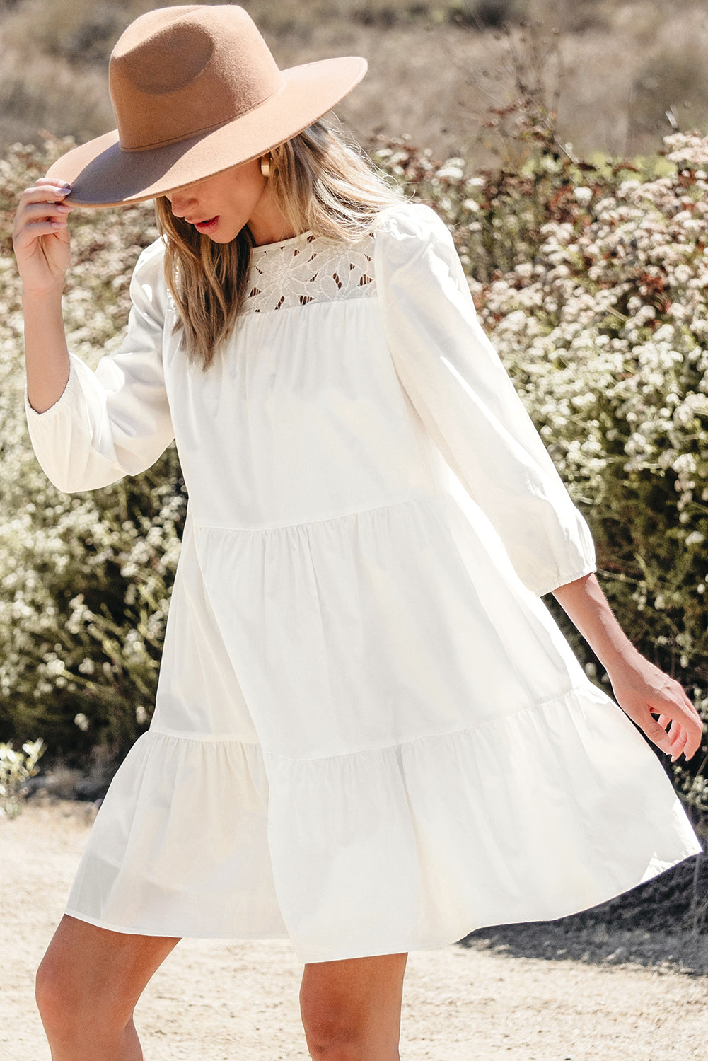 White Floral Lace Patchwork Bracelet Sleeve Tiered Mini Dress Beagle Boutique Fashion Outlet
