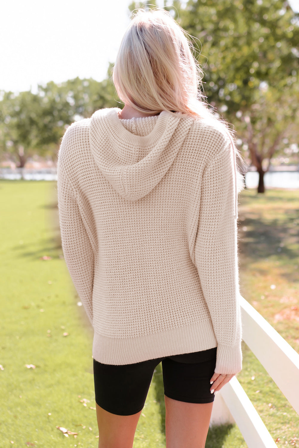 Apricot Waffle Knit Buttons Hooded Sweater with Pocket eAura
