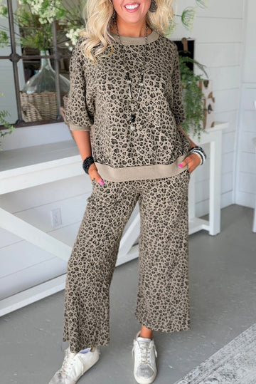Khaki Jacquard Leopard Half Sleeve Jumper Wide Leg Pant Set - eAura