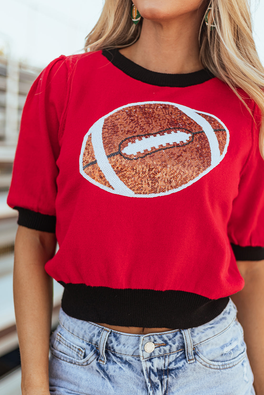 Red Sequin Rugby Colour Block Puff Short Sleeve Sweater eAura