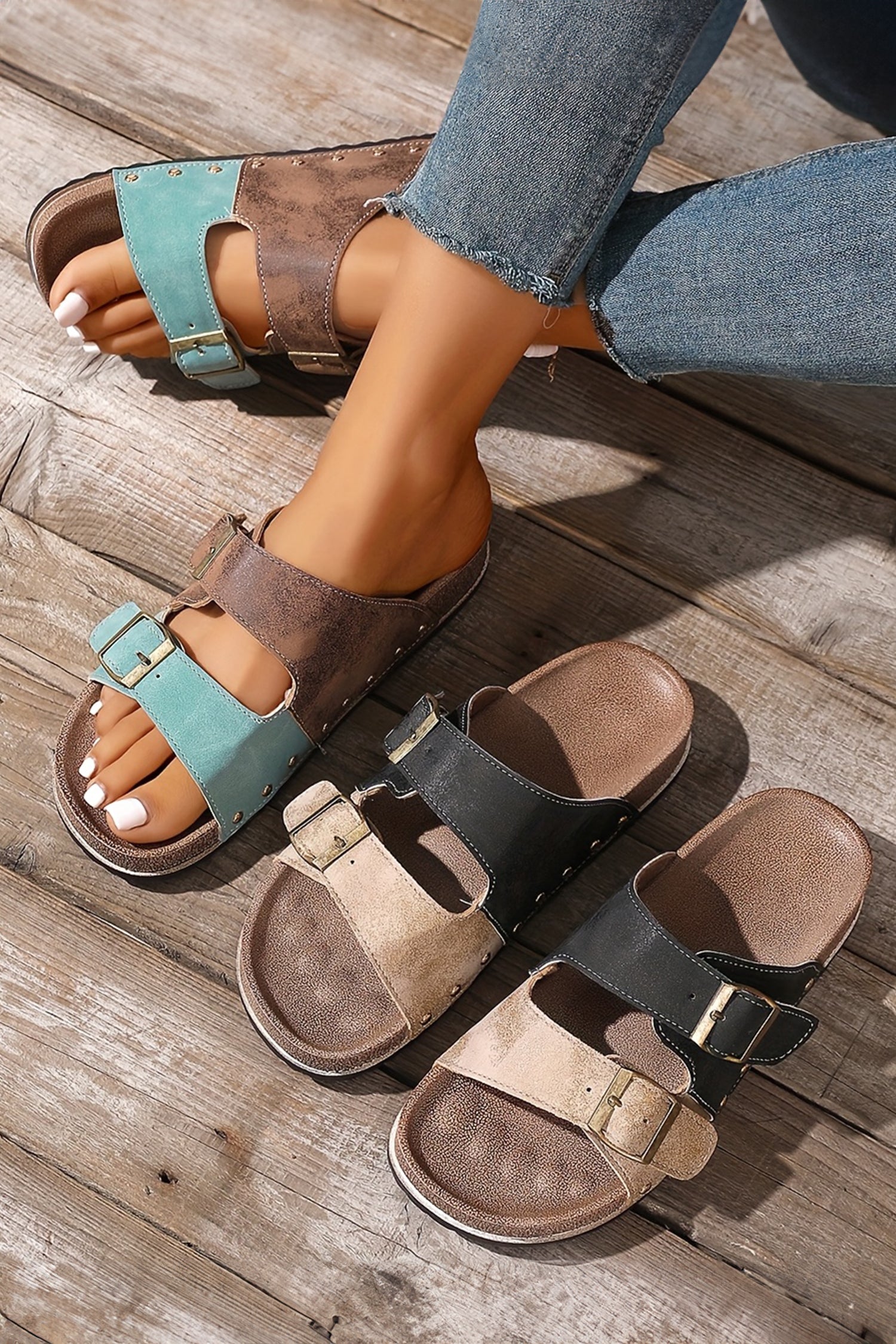 Leopard Two-tone Retro Buckle Straps Hollowed Faux Suede Sandals