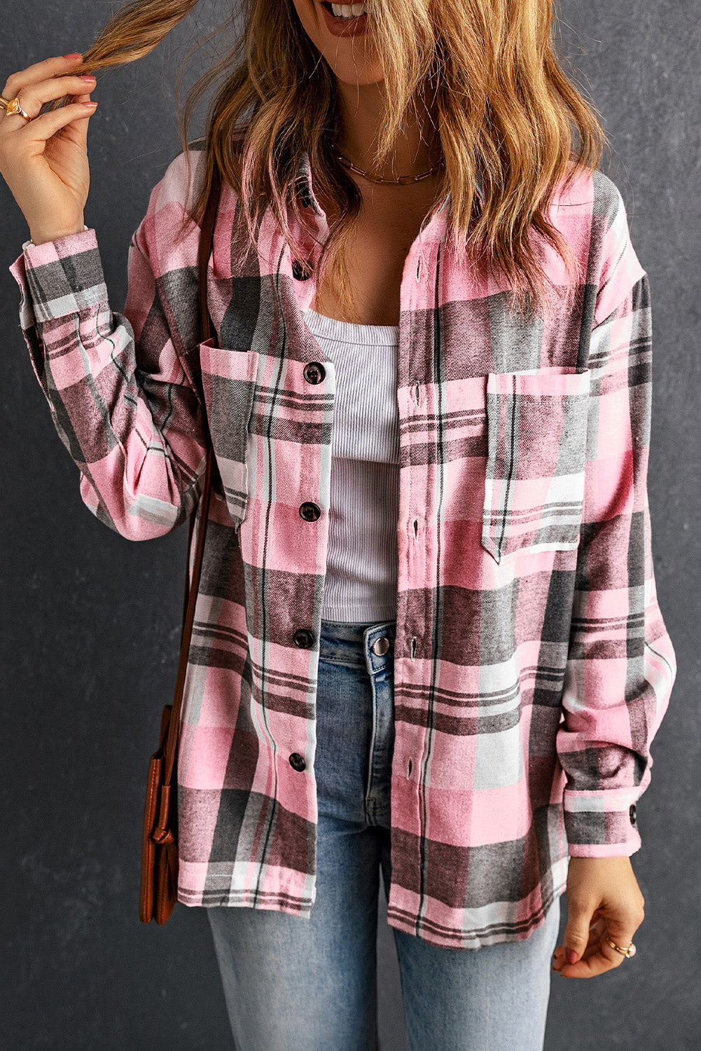Pink Plaid Button Up Patch Pocket Shirt eAura