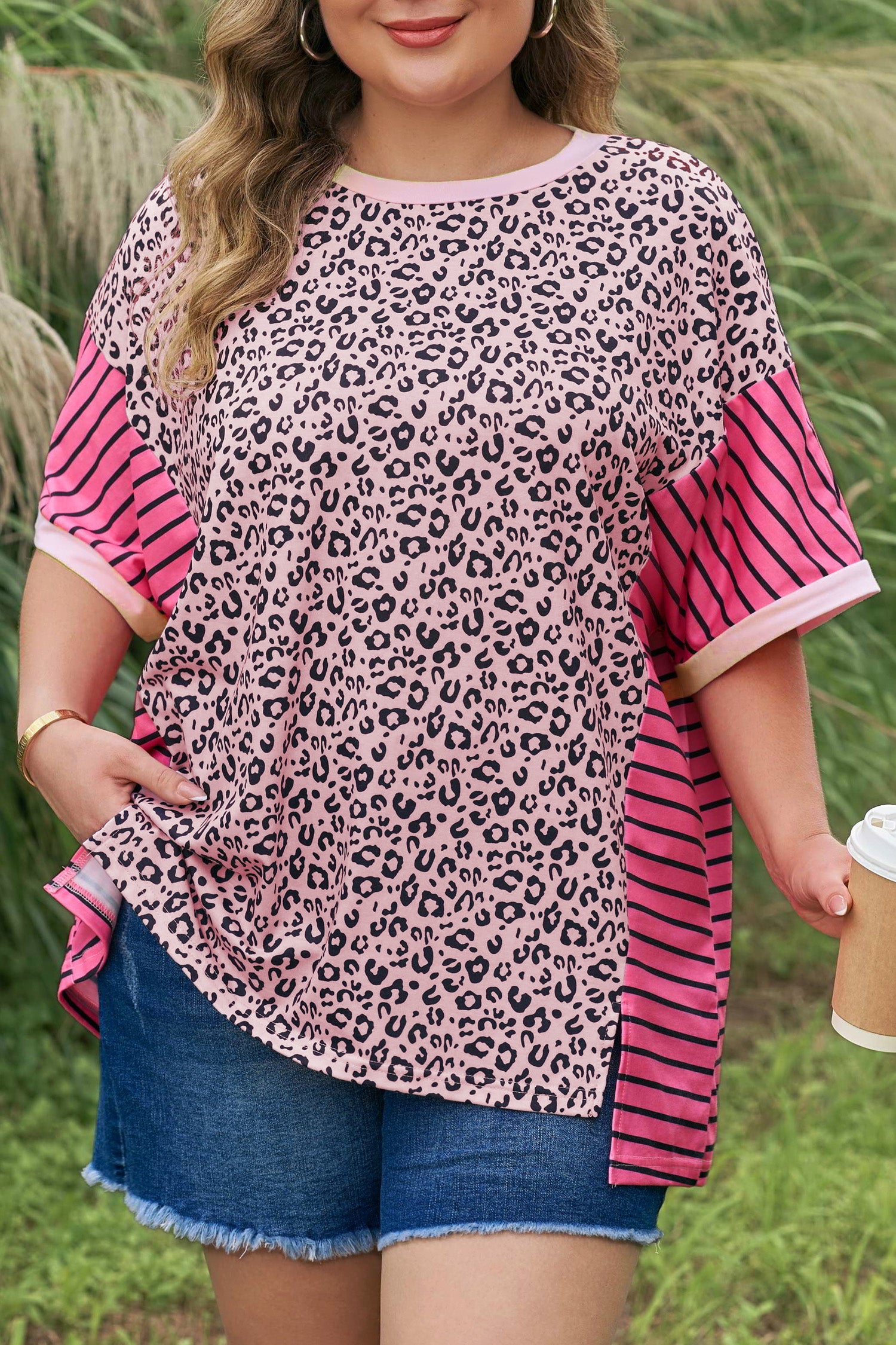 Plus Size Leopard Striped Contrast Patchwork Tee – Pink