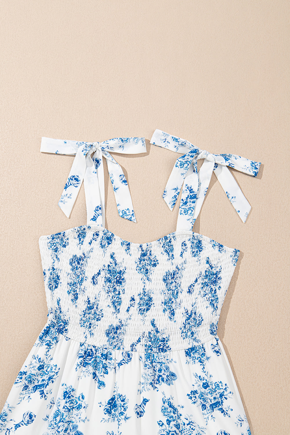 Sky Blue Floral Print Shirred Knot Shoulder Sleeveless Long Dress eAura