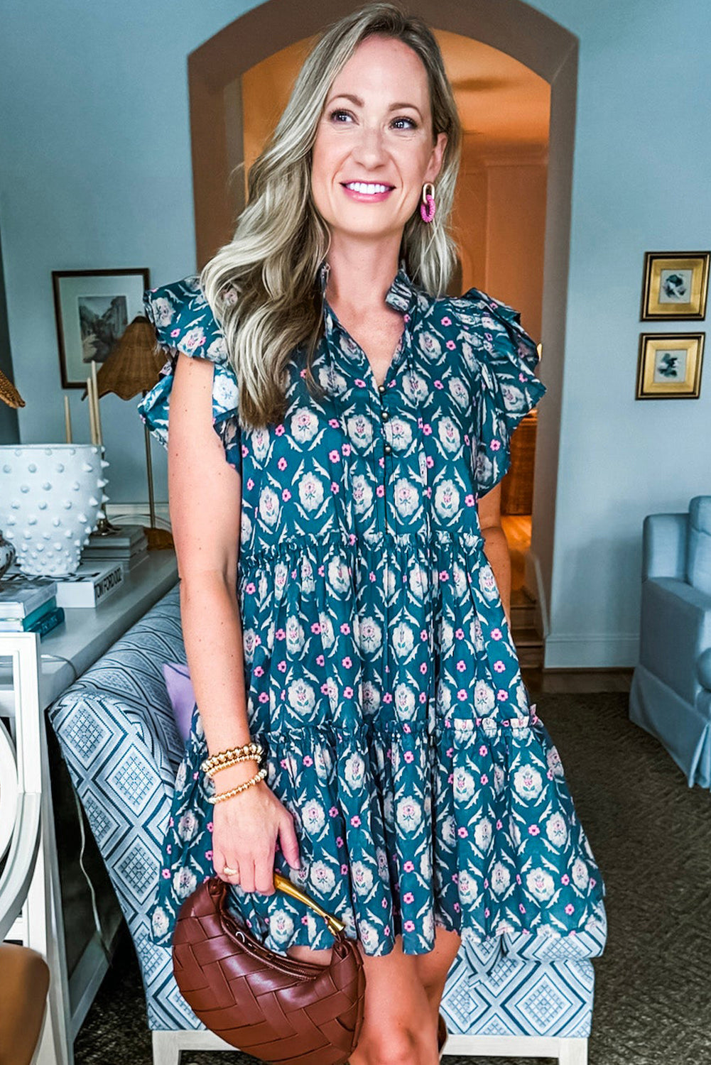 Blue Retro Floral Print Split Neck Ruffle Short Sleeve Dress eAura