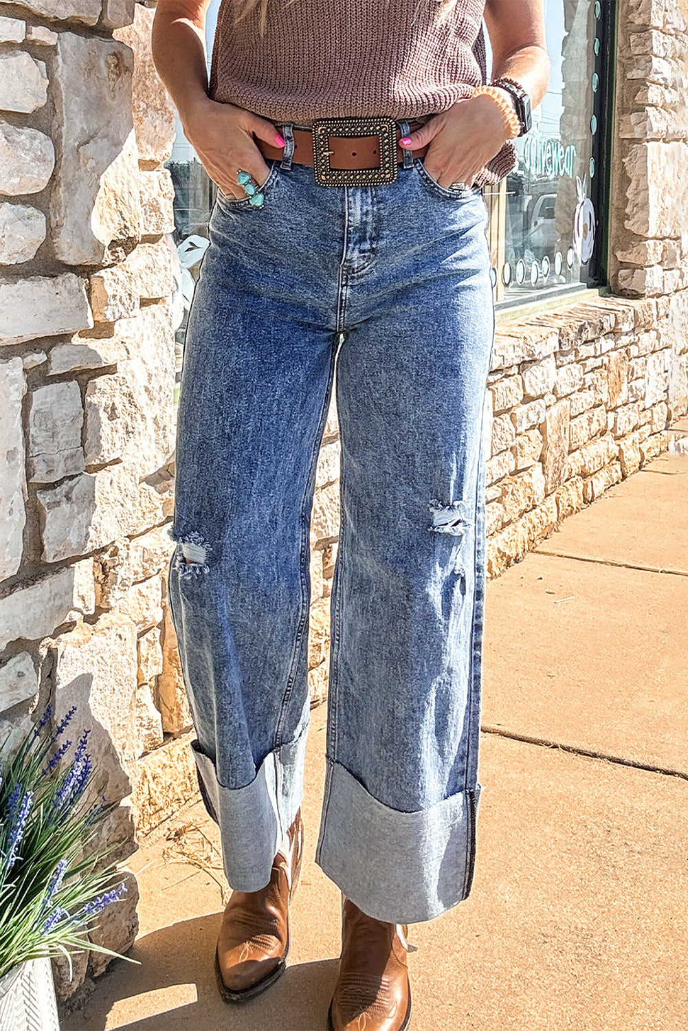 Ashleigh Blue Mineral Wash Bottom Cuff Distressed Wide Leg Jeans eAura