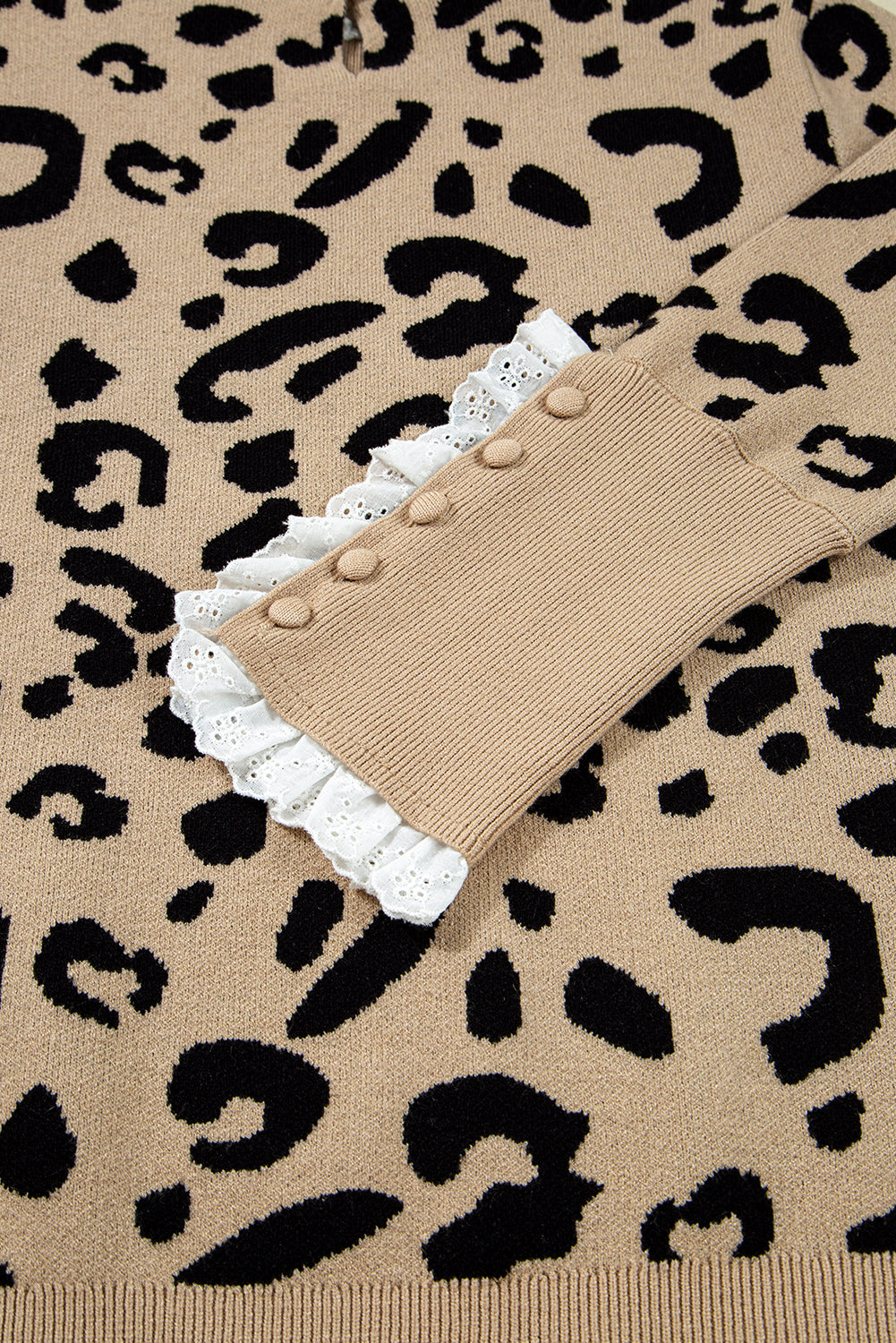 Brown Leopard Pattern Lace Ribbed Detail Button Cuffed Sweater eAura